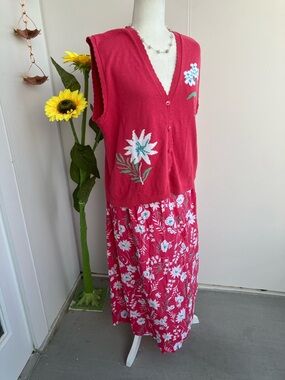 Vintage 90s Pink, Teal, & Blue Two Piece Floral Sweater Vest & Midi Skirt Set